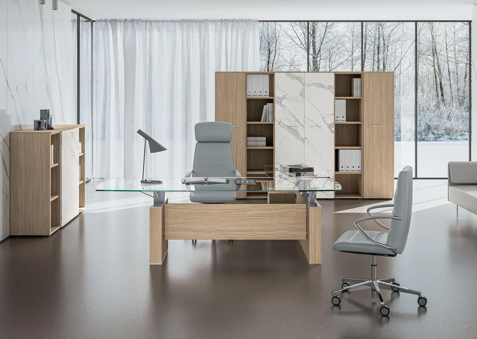 Arredamento per ufficio, scrivania piano nest vetro vela walco.